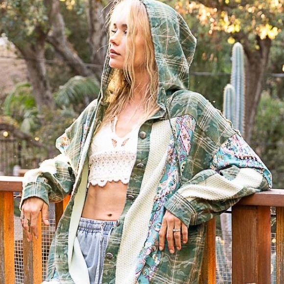 LAST ONE New! POL Olive Green Multi Color Patchwork Plaid Hoodie Top - Picture 5 of 5